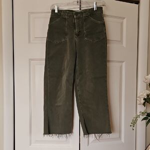 PAIGE Olive Green Cropped Straight Jeans with Raw Hem